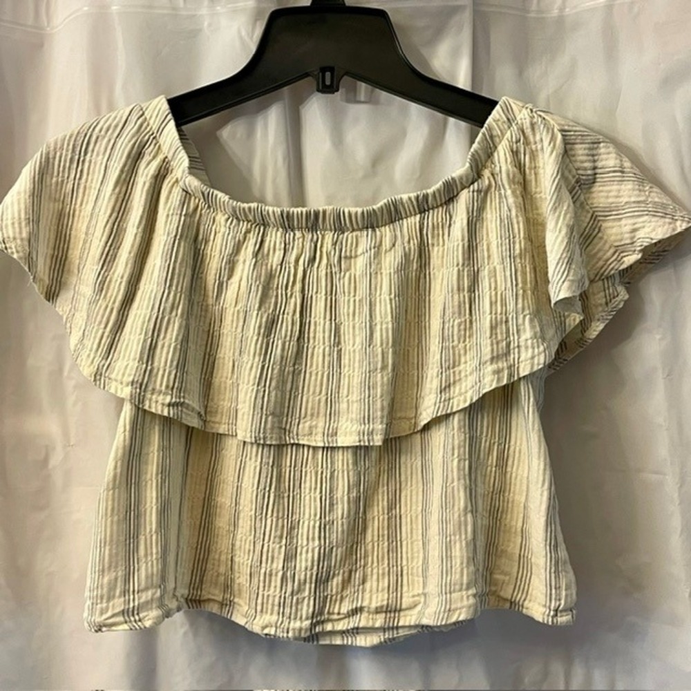 Rylee + Cru Striped Off-Shoulder Bardot Ruffle Woven Gauze Cotton Crop Top Sz S